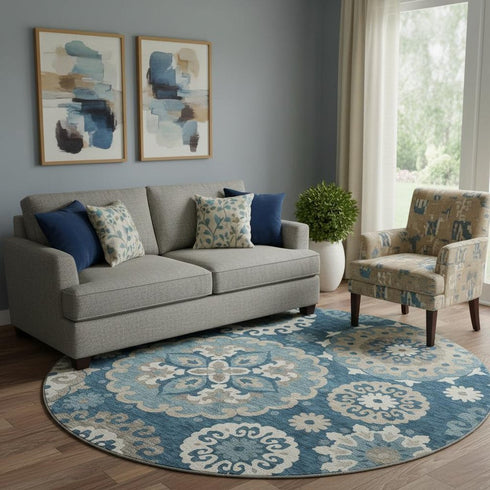 8' Blue Ivory And Beige Medallion Washable Round Rug With UV Protection