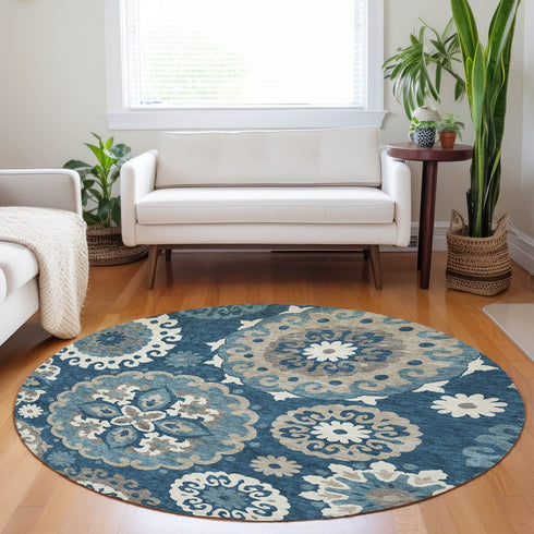 8' Blue Ivory And Beige Medallion Washable Round Rug With UV Protection
