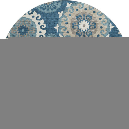 8' Blue Ivory And Beige Medallion Washable Round Rug With UV Protection