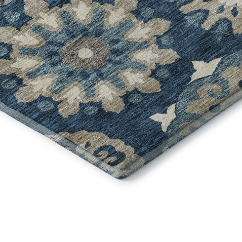 8' Blue Ivory And Beige Medallion Washable Round Rug With UV Protection