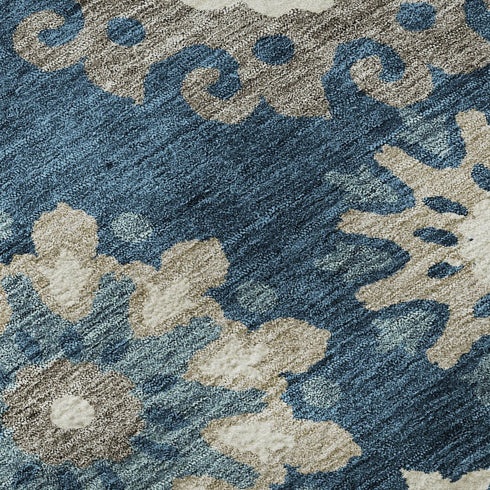 8' Blue Ivory And Beige Medallion Washable Round Rug With UV Protection