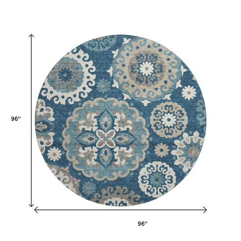 8' Blue Ivory And Beige Medallion Washable Round Rug With UV Protection