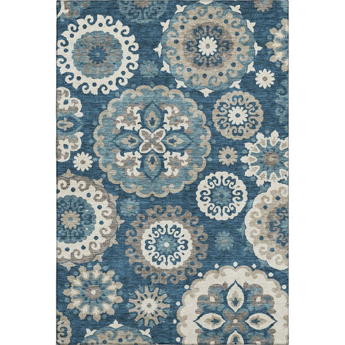 8' X 10' Blue Ivory And Beige Medallion Washable Area Rug With UV Protection