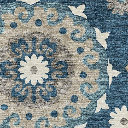 8' X 10' Blue Ivory And Beige Medallion Washable Area Rug With UV Protection