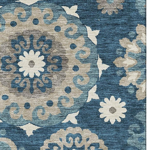 8' X 10' Blue Ivory And Beige Medallion Washable Area Rug With UV Protection