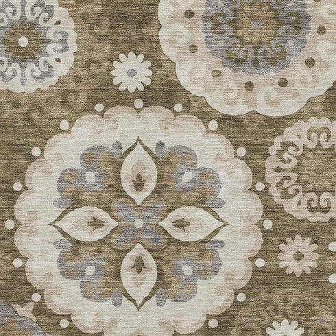 5' X 8' Brown Gray And Beige Medallion Washable Area Rug With UV Protection