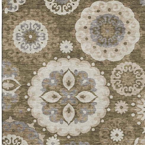 5' X 8' Brown Gray And Beige Medallion Washable Area Rug With UV Protection