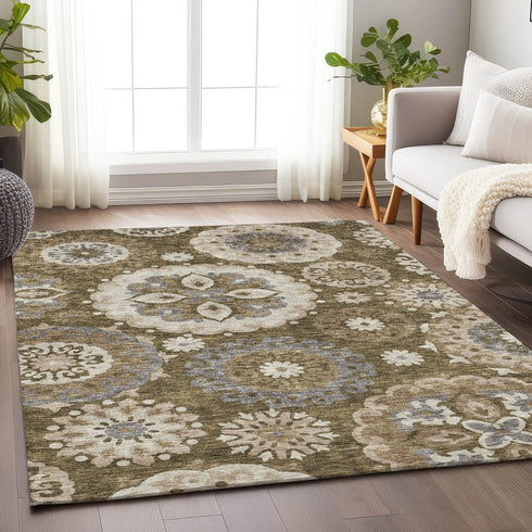 9' X 12' Brown Gray And Beige Medallion Washable Area Rug With UV Protection