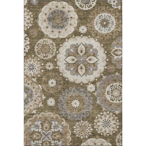 9' X 12' Brown Gray And Beige Medallion Washable Area Rug With UV Protection