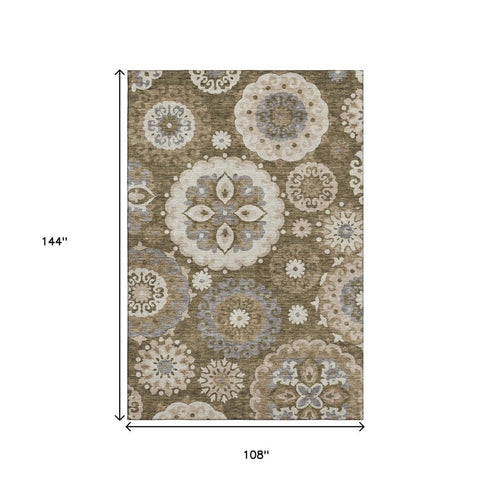 9' X 12' Brown Gray And Beige Medallion Washable Area Rug With UV Protection