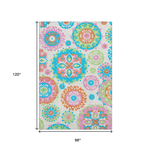 8' X 10' White Orange And Teal Medallion Washable Area Rug With UV Protection