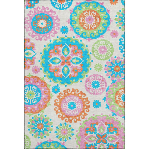 8' X 10' White Orange And Teal Medallion Washable Area Rug With UV Protection