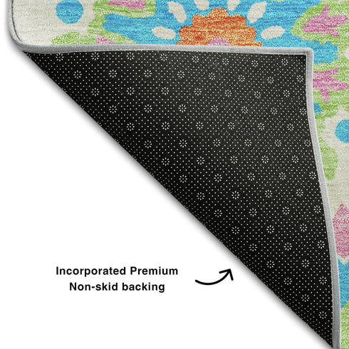 8' X 10' White Orange And Teal Medallion Washable Area Rug With UV Protection