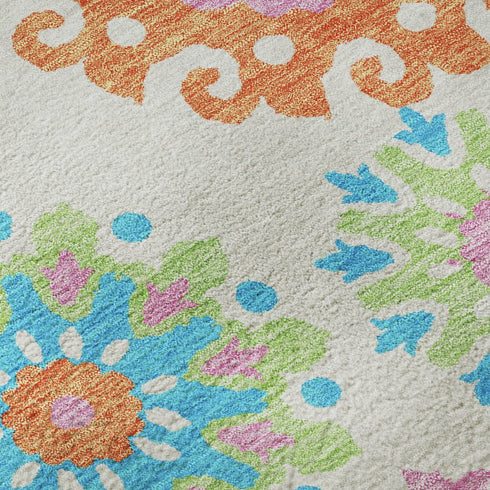 8' X 10' White Orange And Teal Medallion Washable Area Rug With UV Protection