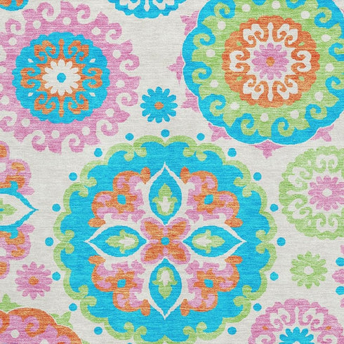 8' X 10' White Orange And Teal Medallion Washable Area Rug With UV Protection
