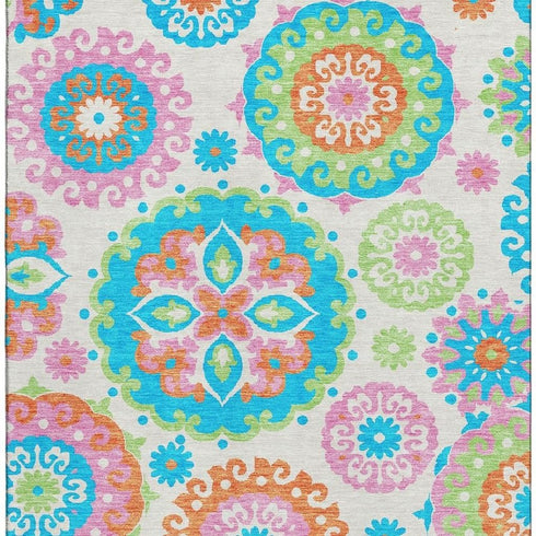 8' X 10' White Orange And Teal Medallion Washable Area Rug With UV Protection