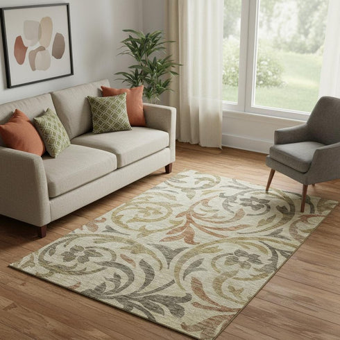 5' X 8' Beige Gold And Brown Floral Washable Area Rug With UV Protection