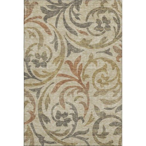 5' X 8' Beige Gold And Brown Floral Washable Area Rug With UV Protection