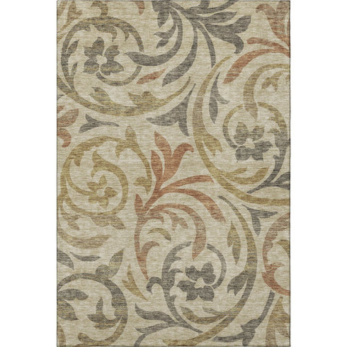 5' X 8' Beige Gold And Brown Floral Washable Area Rug With UV Protection