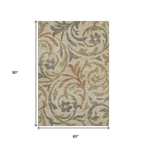 5' X 8' Beige Gold And Brown Floral Washable Area Rug With UV Protection