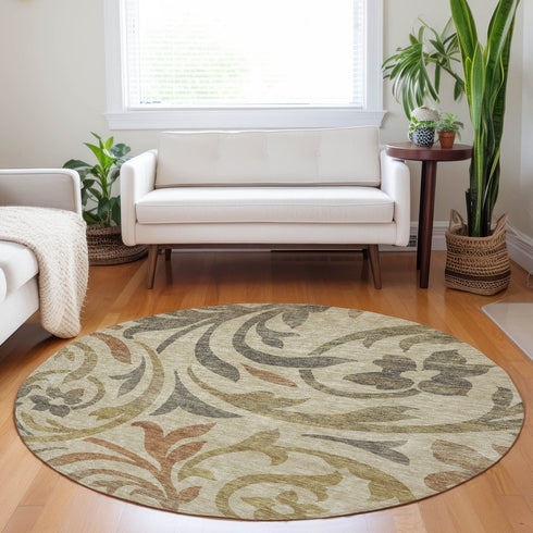 8' Beige Gold And Brown Floral Washable Round Rug With UV Protection