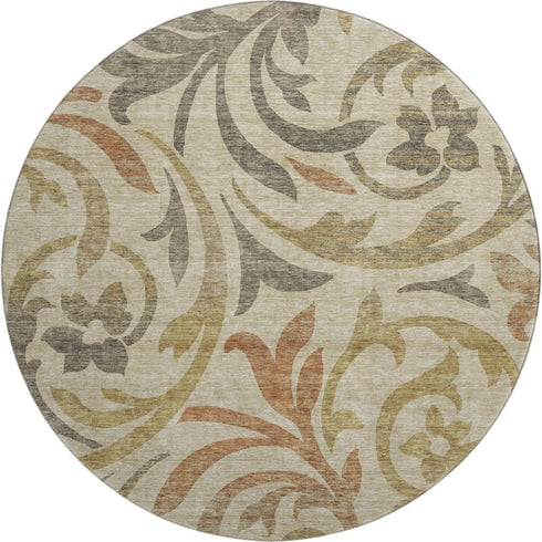 8' Beige Gold And Brown Floral Washable Round Rug With UV Protection
