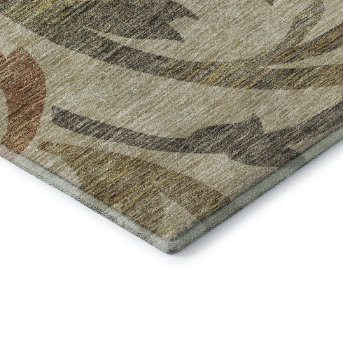 8' Beige Gold And Brown Floral Washable Round Rug With UV Protection