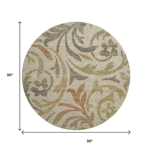 8' Beige Gold And Brown Floral Washable Round Rug With UV Protection