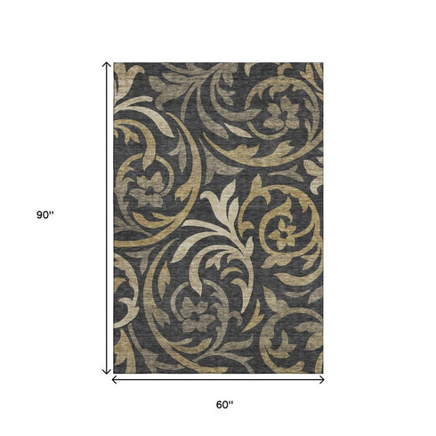 5' X 8' Black Gold And Beige Floral Washable Area Rug With UV Protection