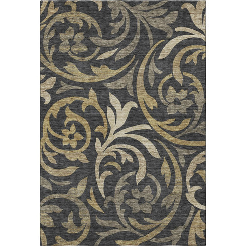 5' X 8' Black Gold And Beige Floral Washable Area Rug With UV Protection
