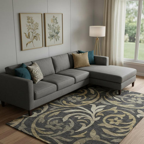 8' X 10' Black Gold And Beige Floral Washable Area Rug With UV Protection