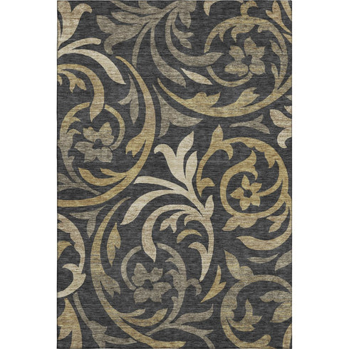 8' X 10' Black Gold And Beige Floral Washable Area Rug With UV Protection