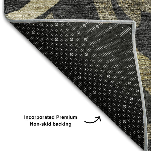 8' X 10' Black Gold And Beige Floral Washable Area Rug With UV Protection