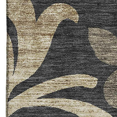8' X 10' Black Gold And Beige Floral Washable Area Rug With UV Protection