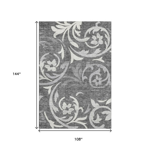 9' X 12' Charcoal Silver And Gray Floral Washable Area Rug With UV Protection