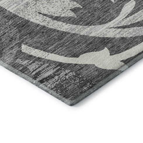 9' X 12' Charcoal Silver And Gray Floral Washable Area Rug With UV Protection