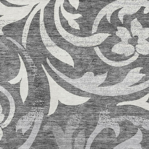 9' X 12' Charcoal Silver And Gray Floral Washable Area Rug With UV Protection