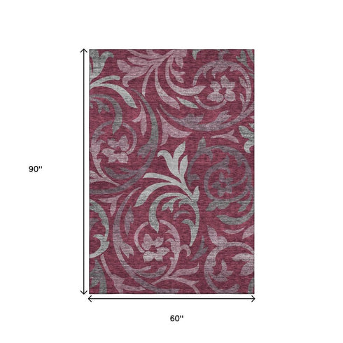 5' X 8' Burgundy Gray And Silver Floral Washable Area Rug With UV Protection