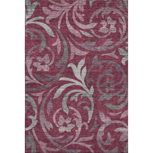 5' X 8' Burgundy Gray And Silver Floral Washable Area Rug With UV Protection