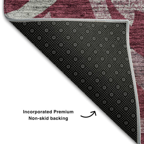 5' X 8' Burgundy Gray And Silver Floral Washable Area Rug With UV Protection