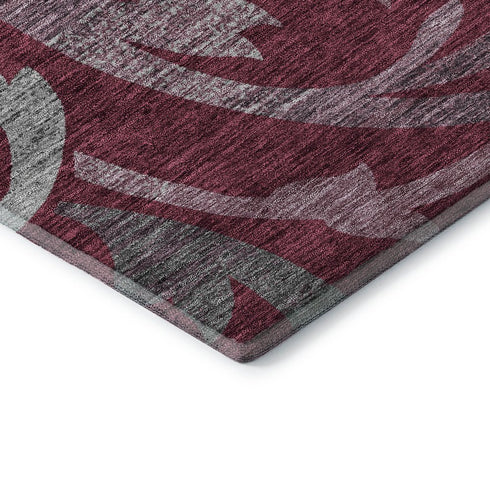 5' X 8' Burgundy Gray And Silver Floral Washable Area Rug With UV Protection