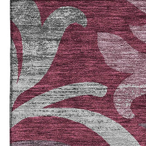 5' X 8' Burgundy Gray And Silver Floral Washable Area Rug With UV Protection