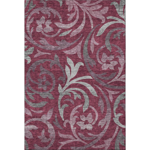 5' X 8' Burgundy Gray And Silver Floral Washable Area Rug With UV Protection