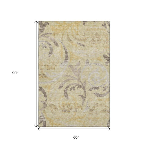 5' X 8' Gold Beige And Taupe Floral Washable Area Rug With UV Protection