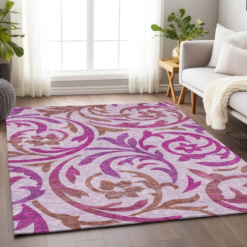 8' X 10' Lavender Blush And Ivory Floral Washable Area Rug With UV Protection