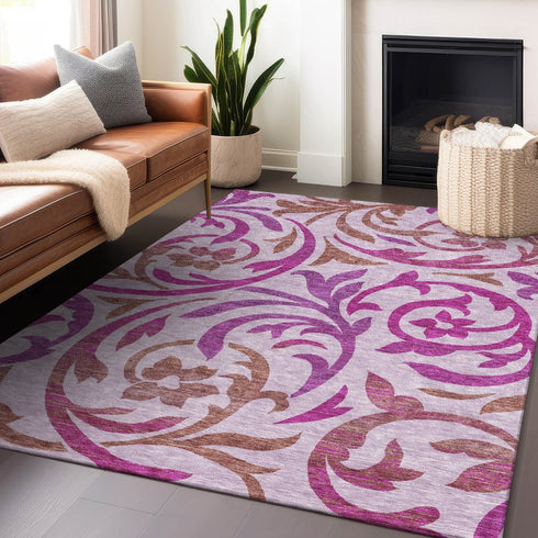 8' X 10' Lavender Blush And Ivory Floral Washable Area Rug With UV Protection