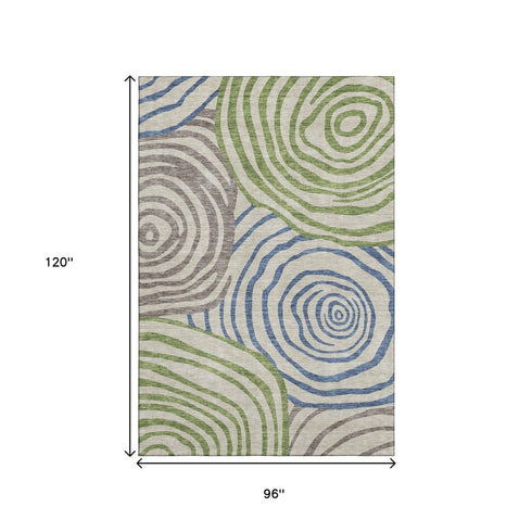8' X 10' Beige Green And Blue Abstract Washable Area Rug With UV Protection