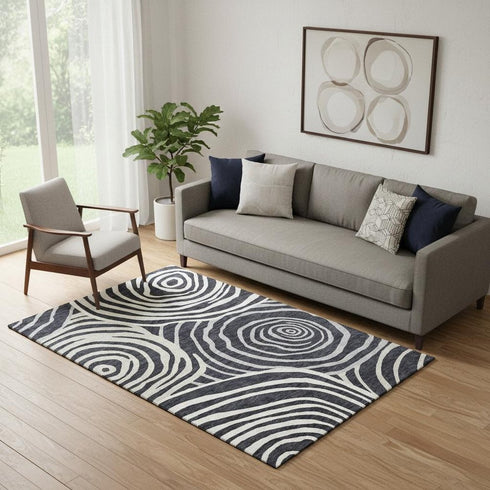 5' X 8' Black Ivory And Gray Abstract Washable Area Rug With UV Protection