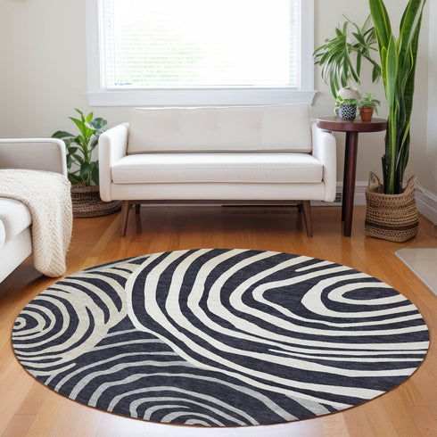 8' Black Ivory And Gray Abstract Washable Round Rug With UV Protection