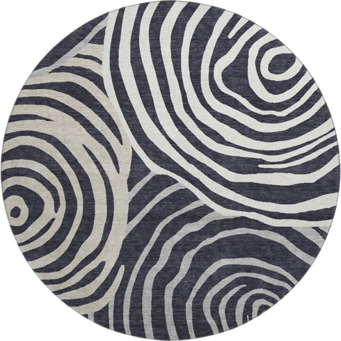 8' Black Ivory And Gray Abstract Washable Round Rug With UV Protection